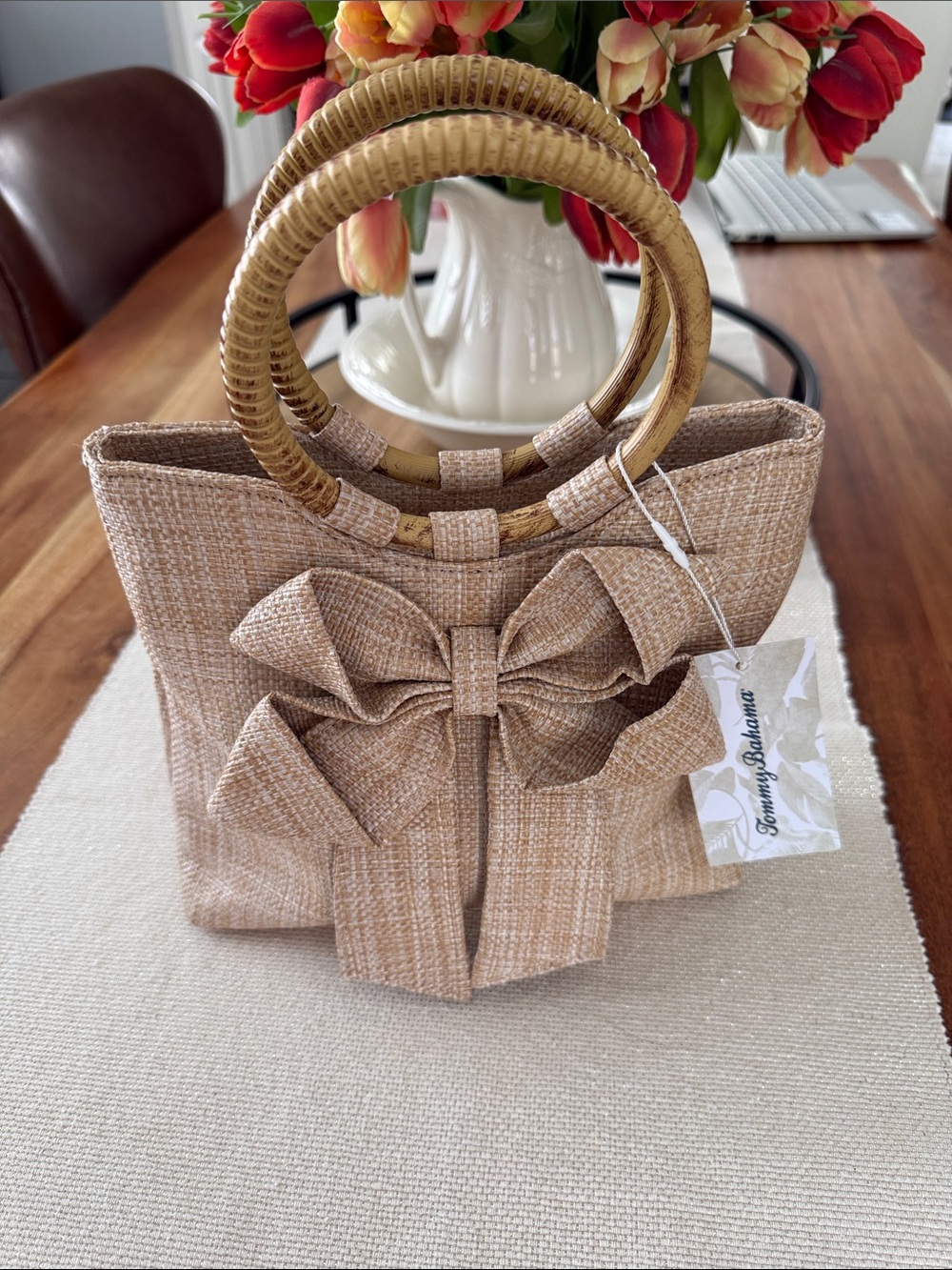 TOMMY BAHAMA Bow Accent Woven Tote Bag with Bamboo Handles - Beige - Picture 9 of 9